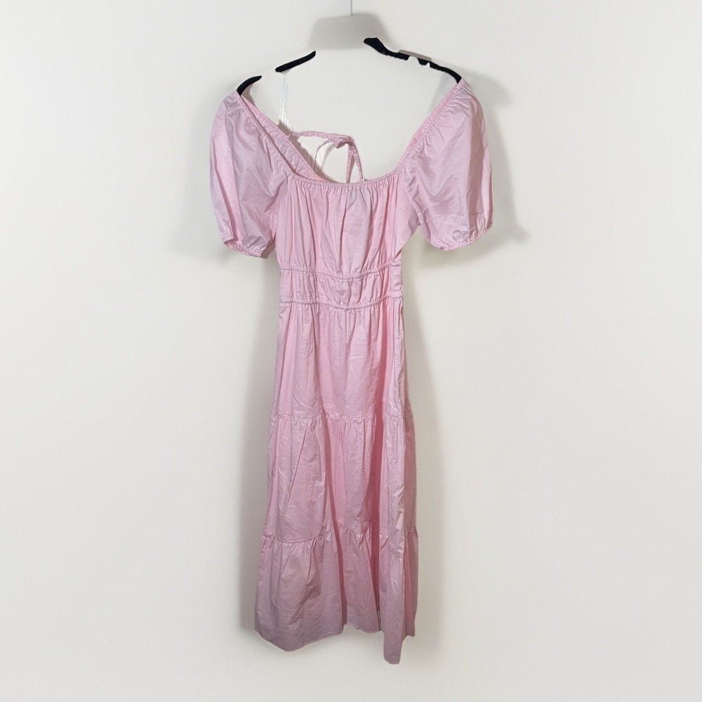 Sanctuary  Poplin Square Neck Pink Puff‎ Sleeve Back Tie Tiered Hem Dress 0